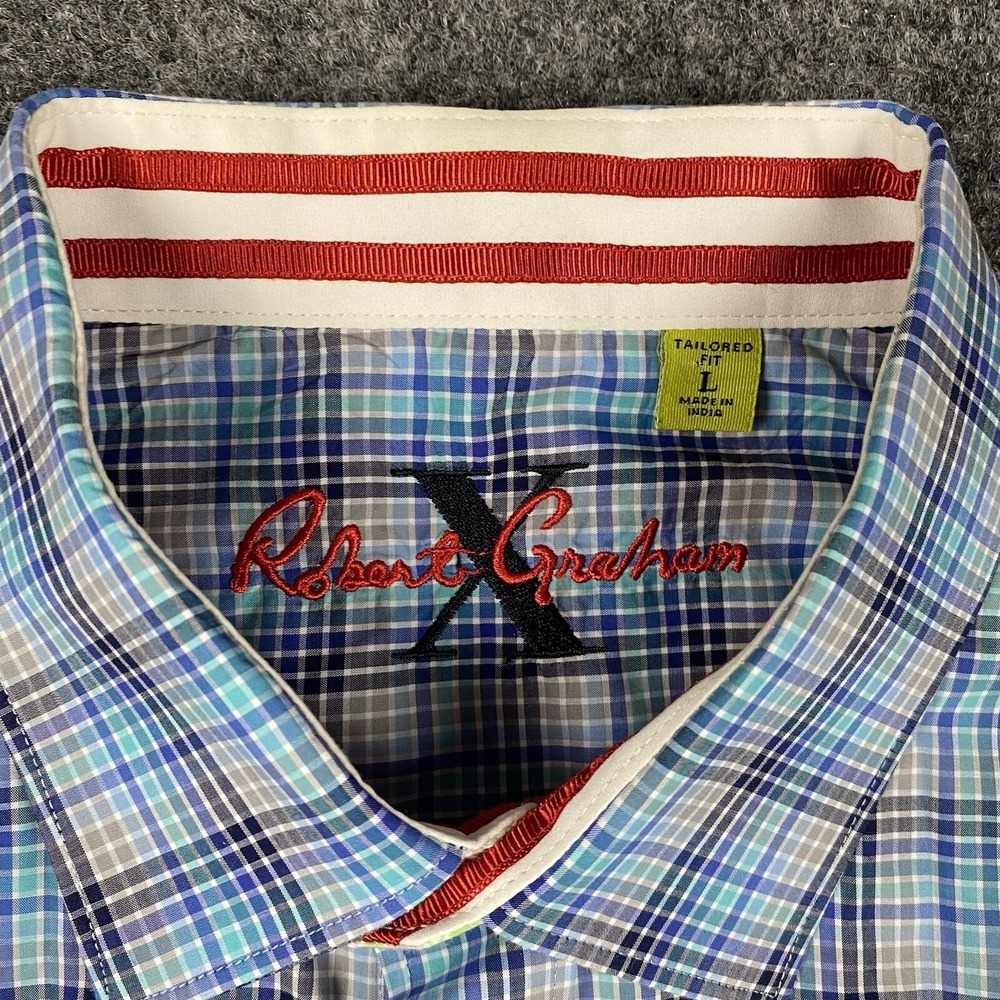 Robert Graham Tailored Fit Plaid Button Down Shirt Blue Teal Mens Large L Cotton